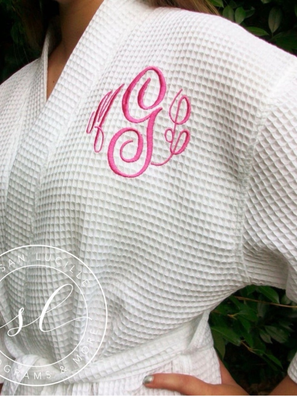 Personalized White Waffle Robe with Pink Monogram